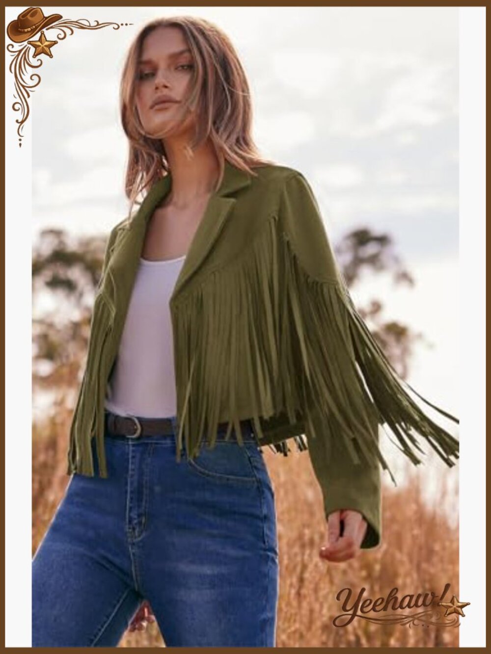 Faux Suede Fringe Cropped Motorcycle Jacket - Long Sleeve Tassel Coat - Picture 3 of 7